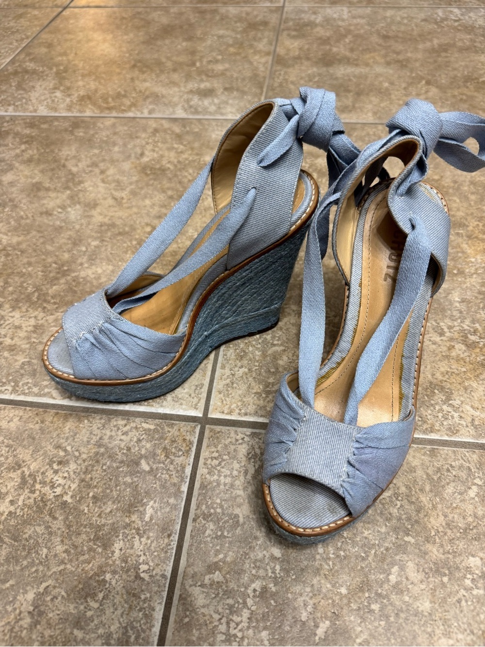SCHUTZ Light Blue Denim Peep-Toe Wedge Sandals with Ankle Wraps - Picture 2 of 11